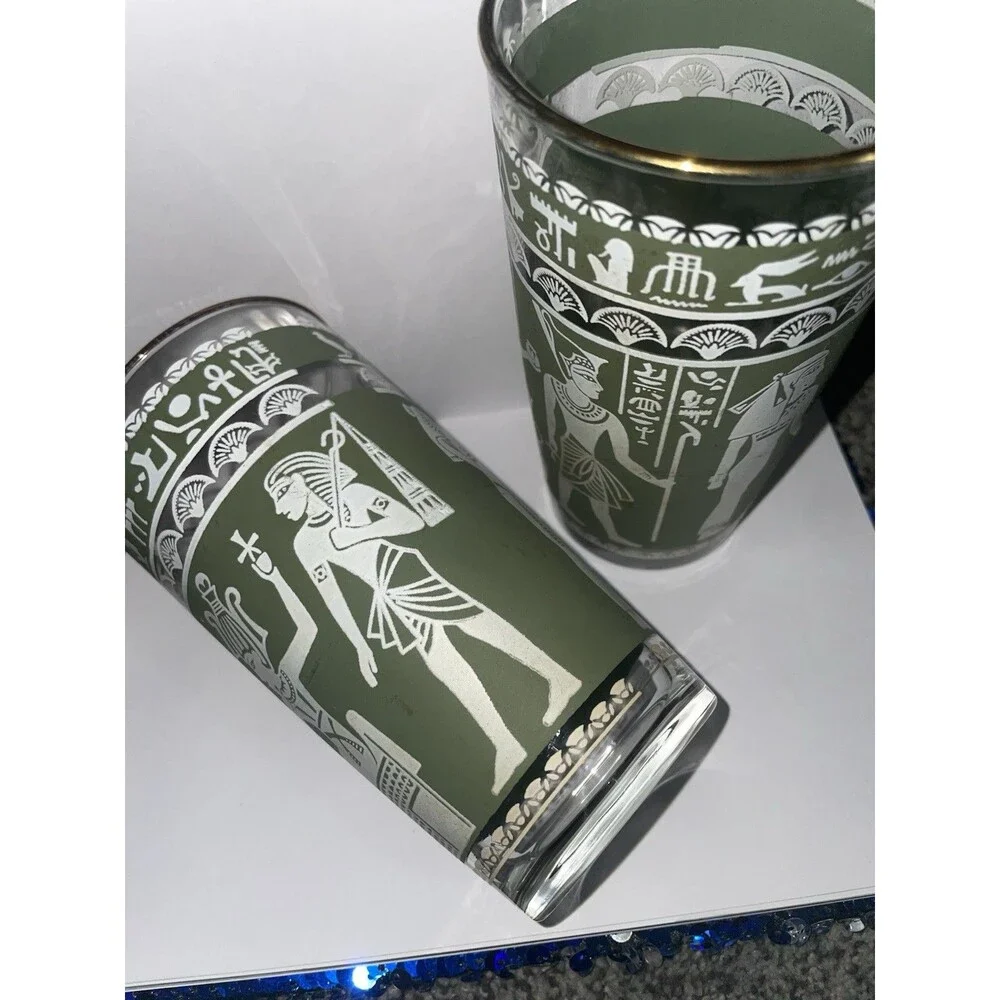 Vintage 1960s Hazel-Atlas Egyptian Pharaoh Green Glass Tumblers Set of 2 MCM